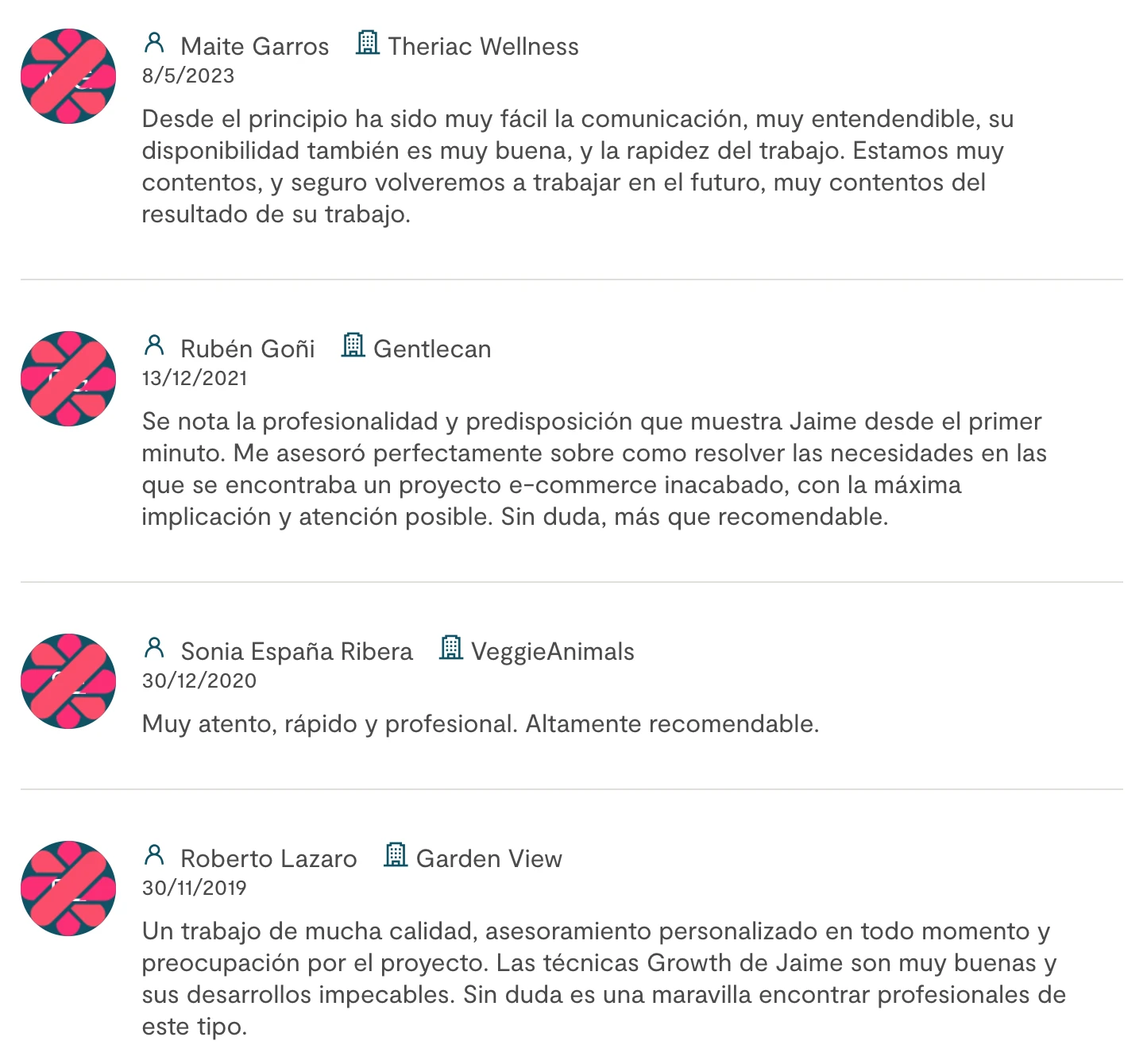 Captura de opinión de cliente sobre desarrollo WordPress en jaime.digital