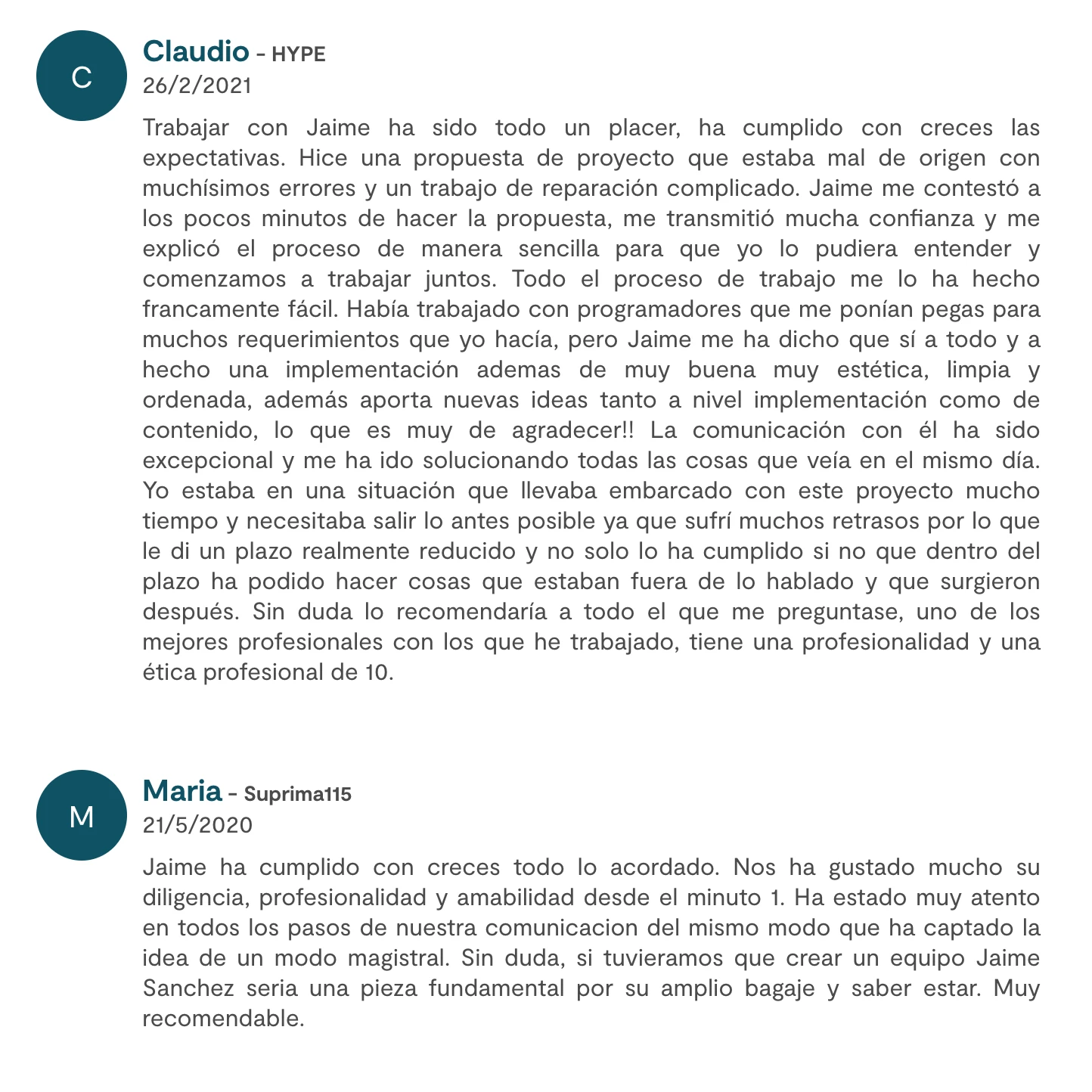 Captura de reseña de cliente sobre proyecto WooCommerce en jaime.digital