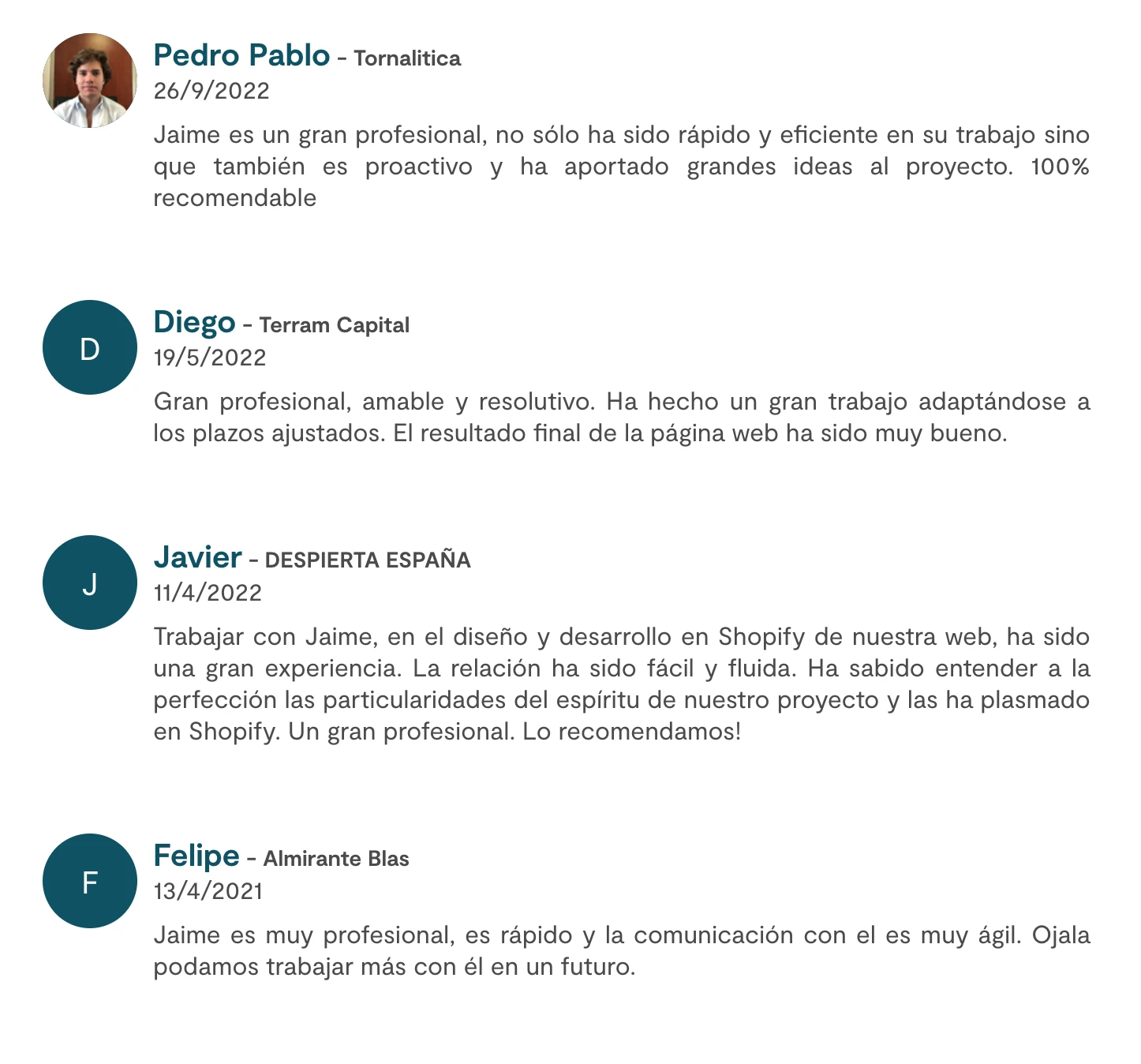 Captura de testimonio de cliente sobre estrategia digital en jaime.digital